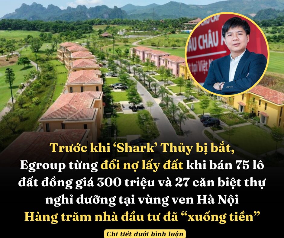 Trước khi ‘Shark’ Thủy bị bắt, Egroup từng đổi nợ lấy đất khi bán 75 lô đất đồng giá 300 triệu và 27 căn biệt thự nghỉ dưỡng tại vùng ven Hà Nội, hàng trăm nhà đầu tư đã “xuống tiền”